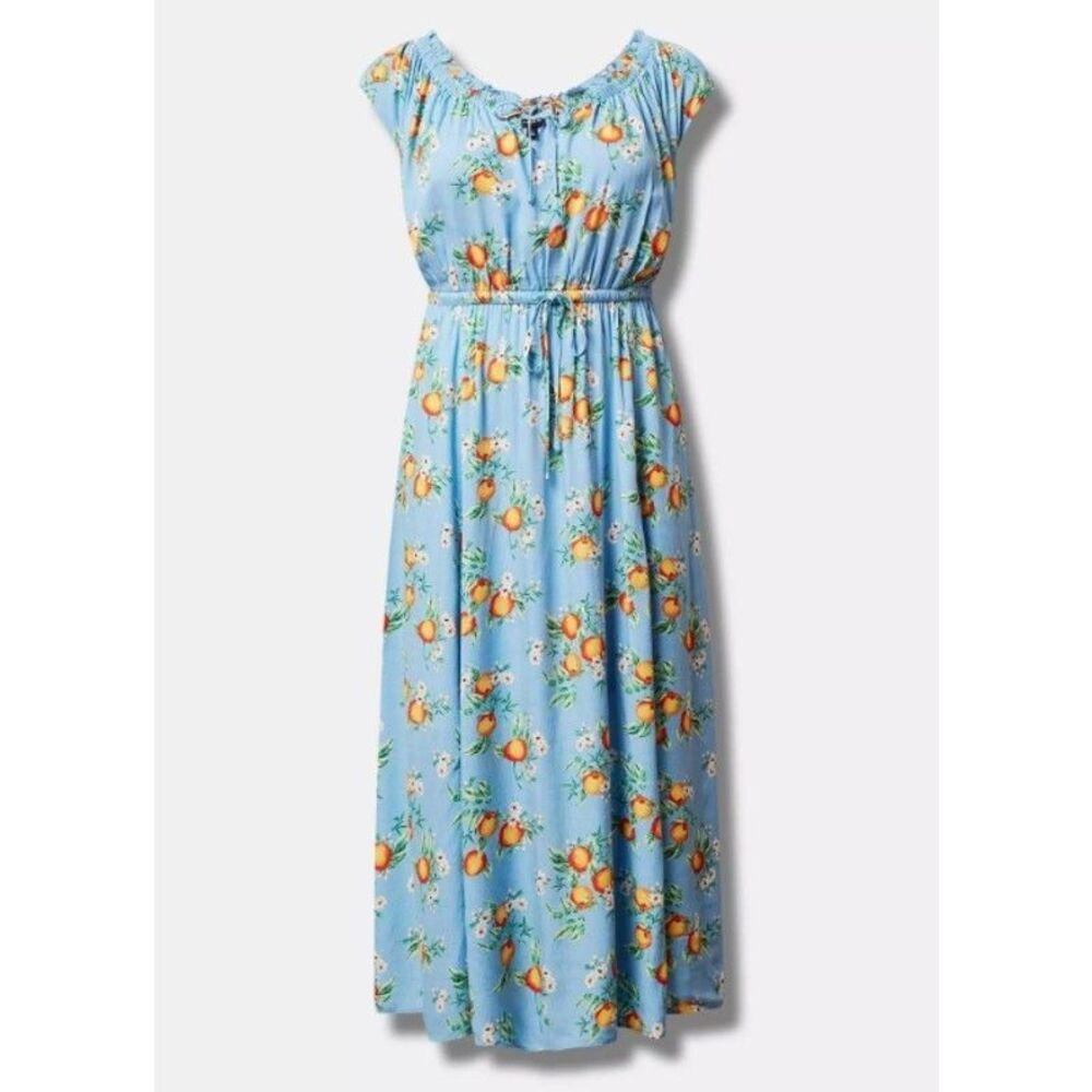 Torrid Orange Groves Maxi Dress Size 2 Blue Boho Peasant 2X Beachy Coastal